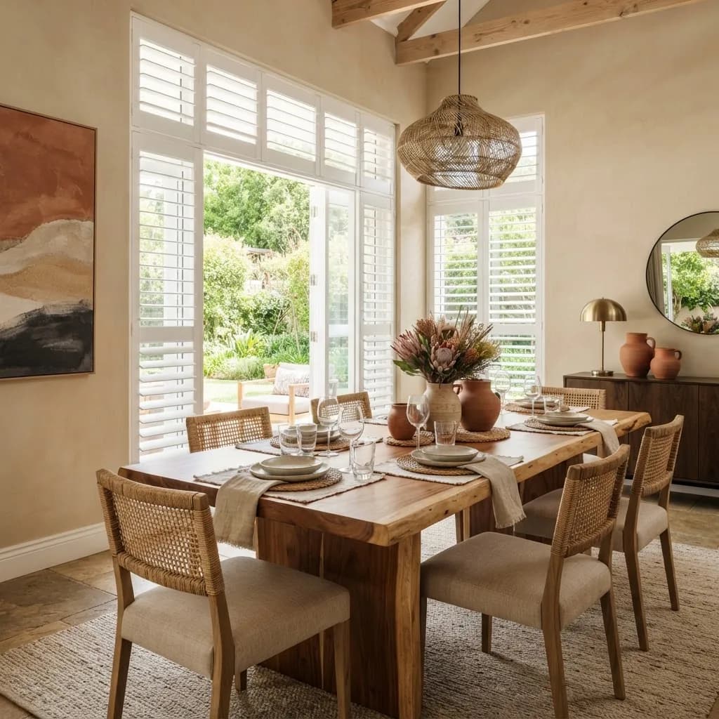 Dining room with floor to ceiling white shutters