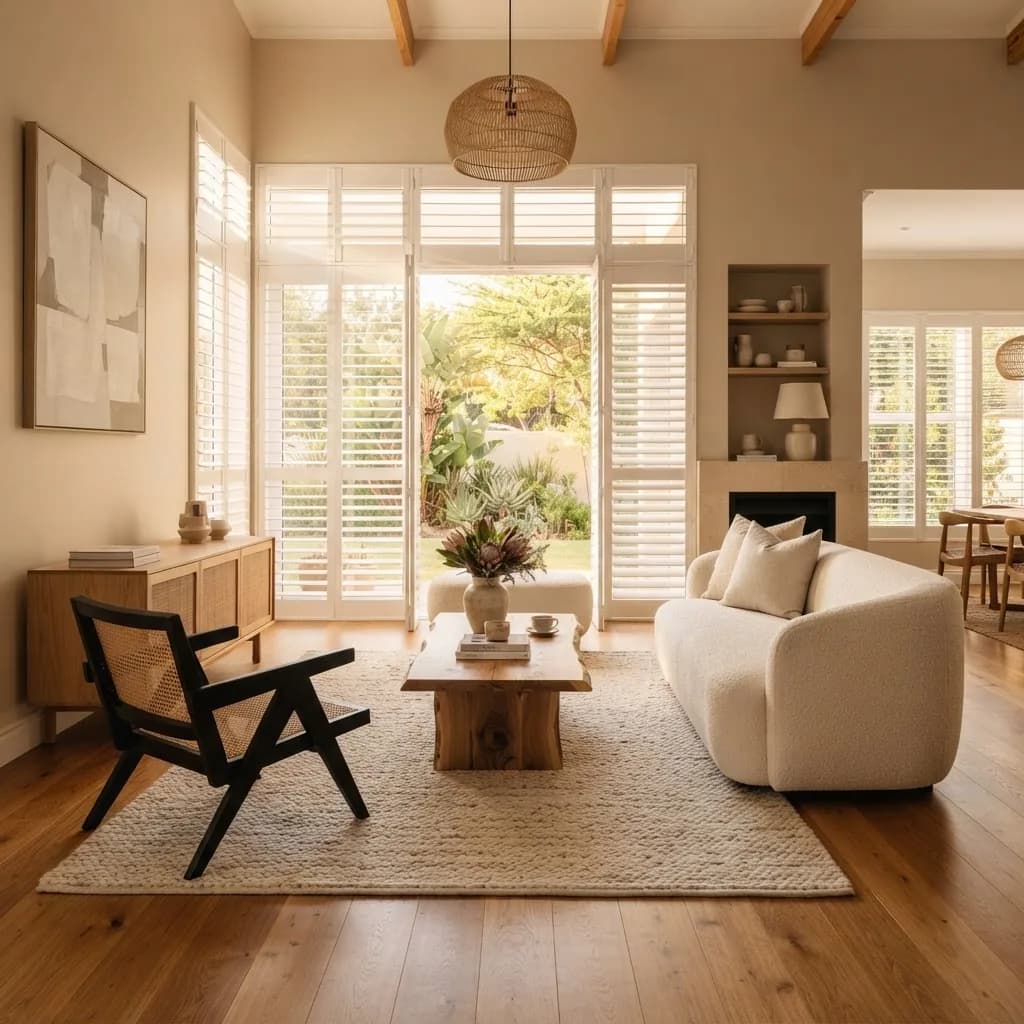Elegant living room with white plantation shutters and warm natural light