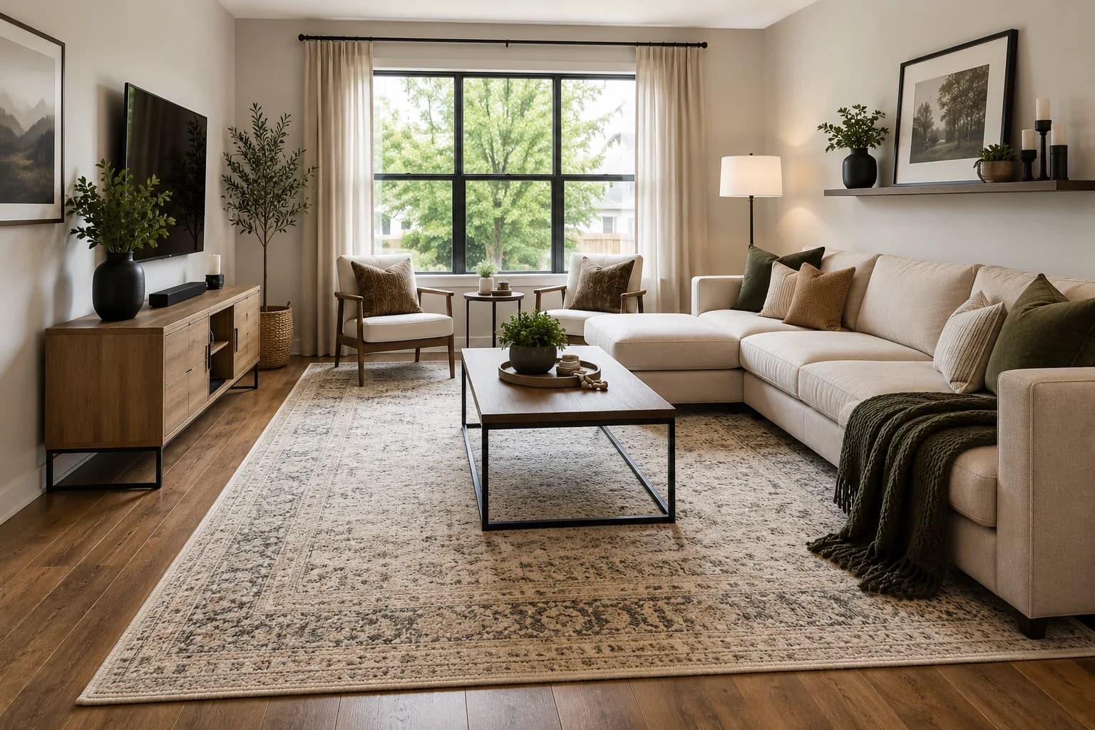 Living room with a patterned area rug