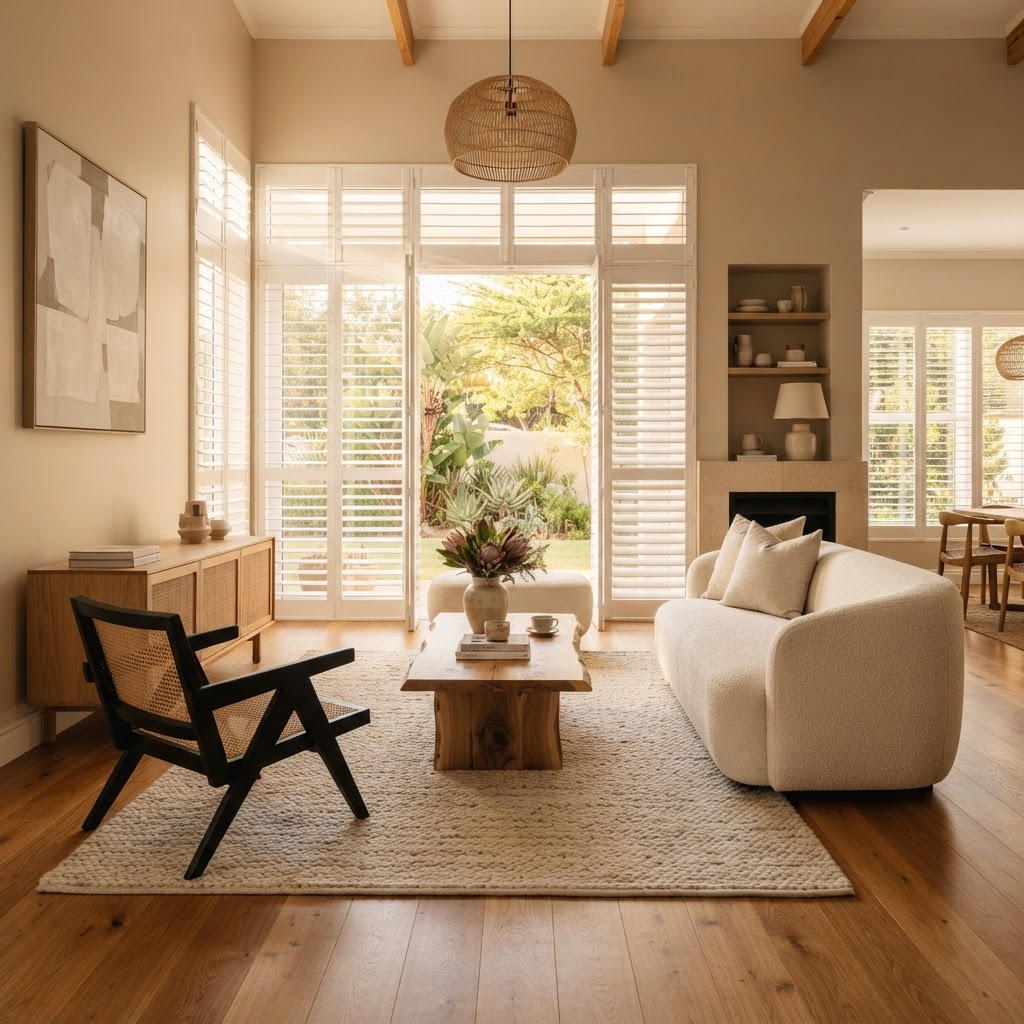 Elegant living room with white plantation shutters and warm natural light