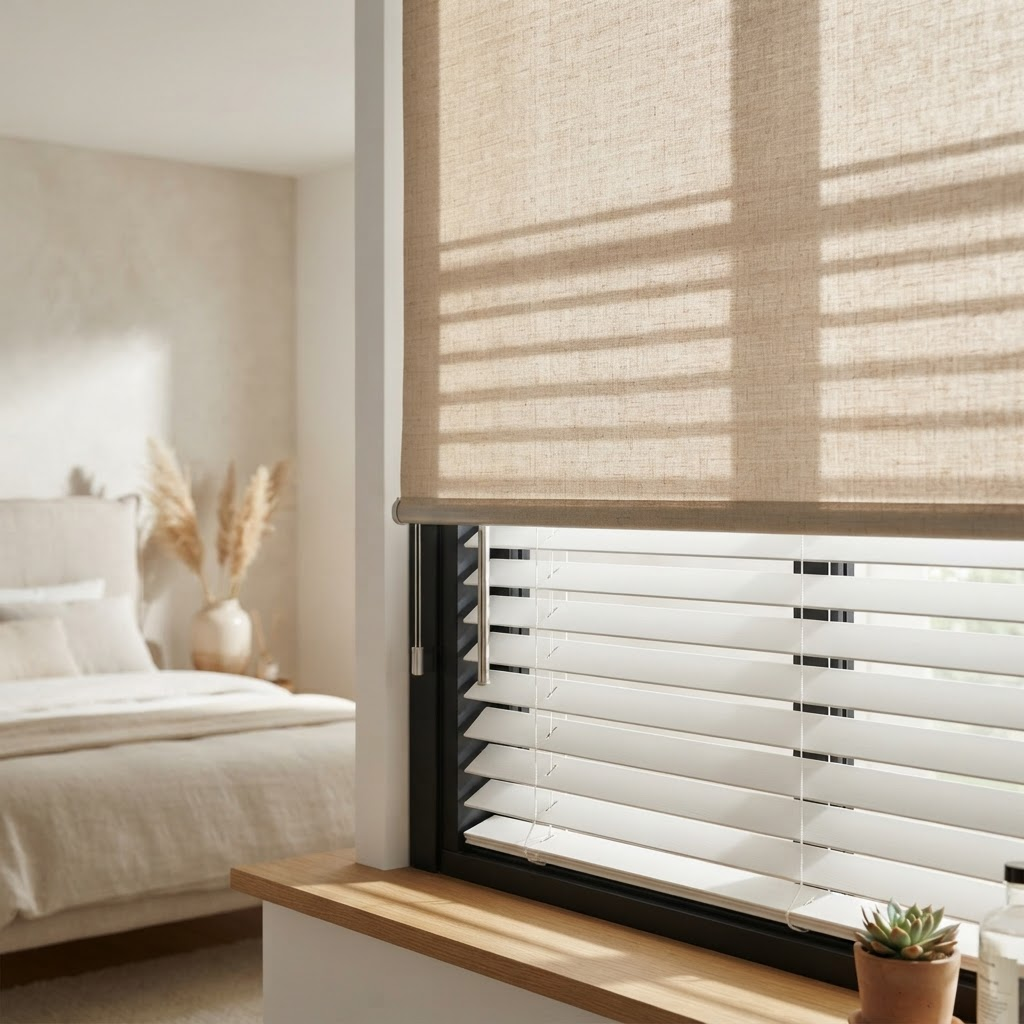 Roller and Venetian blinds in a bright modern bedroom