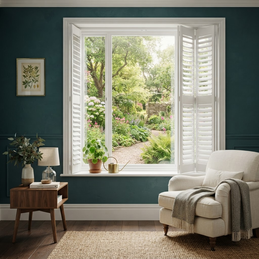 White wooden plantation shutters on a window overlooking a garden